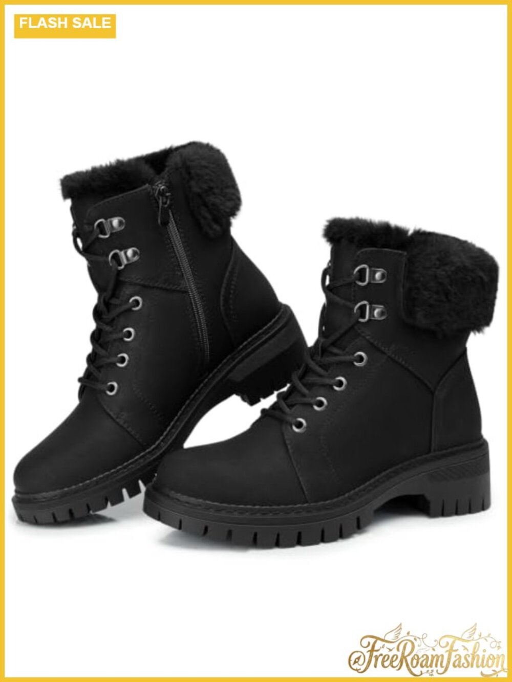 Womens Faux Leather Ankle Boots Lace-Up Combat Winter Fur Lined